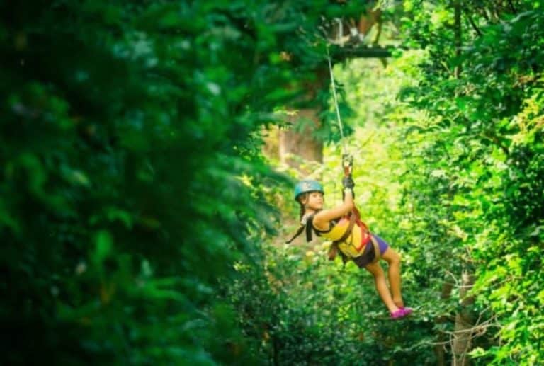 jeune fille sur la tyrolienne du parcours accrobranche ados