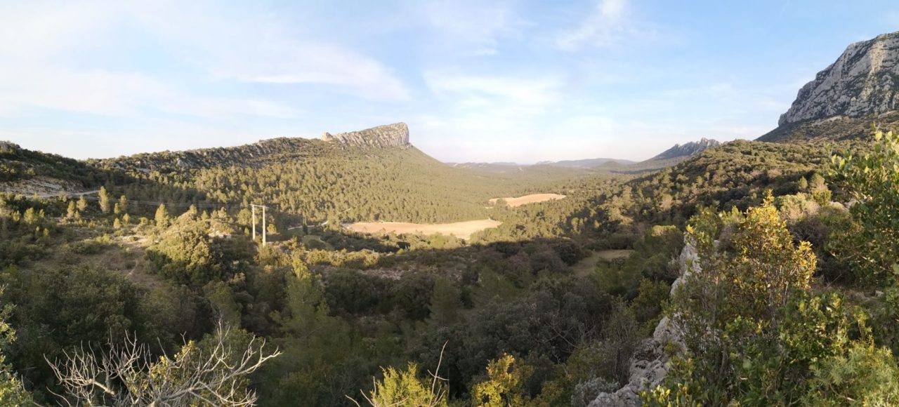 Vue sur le pic Saint loup, depuis un chemin de randonnée